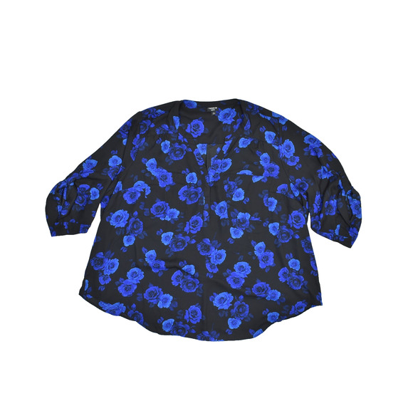 Torrid Harper Plus Size 4 Blouse Black Blue Rose Floral V-Neck 3/4 Sleeve Top - Picture 1 of 8